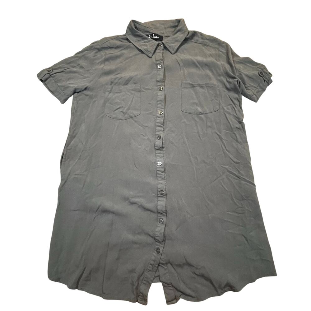 Lulus Oxford Comma Button Shirt Dress‎ Gray Short Sleeve Pocket Mini Women XL